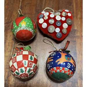 Vintage Paper Mache & Handmade Botton Heart Christmas Ornaments Holiday